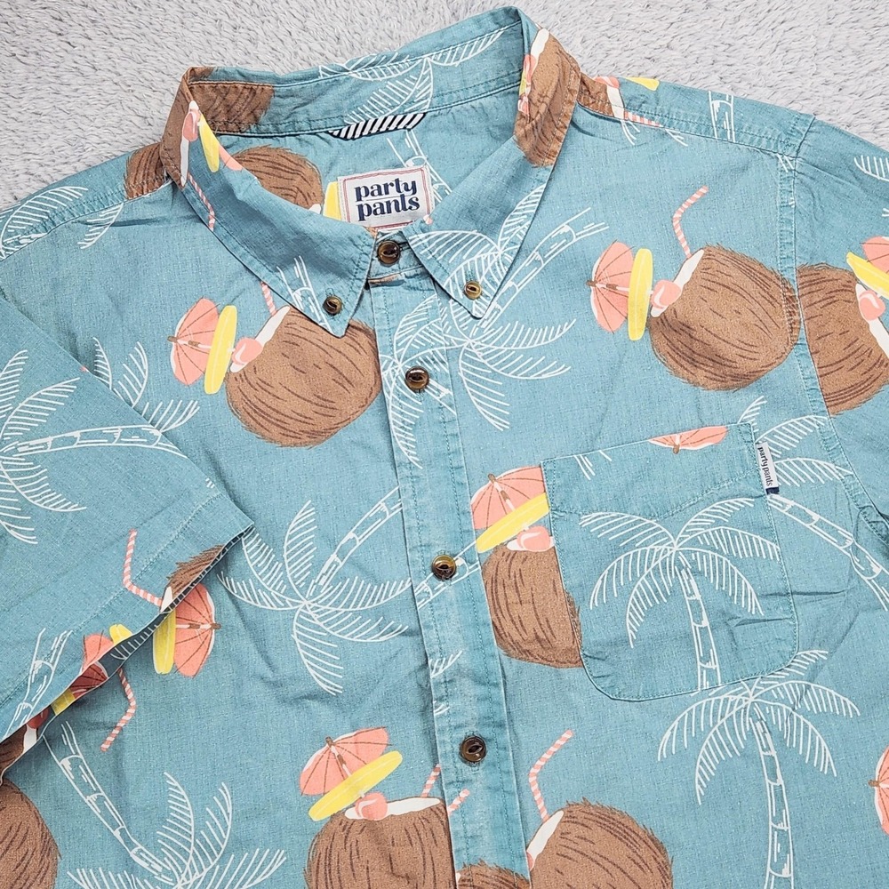 Party Pants Shirt Mens Medium Aqua Blue Coconut Palm Tree S/S Button Up NEW